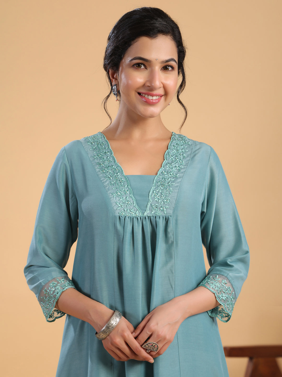 Janasya Gathering Muslin Sage Yoke Embroidery V-Neck Kurta Set | Grocsy