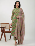 Janasya Straight Cambric Green Ethnic Motifs Band Collar Kurta,Bottom & Dupatta | Grocsy