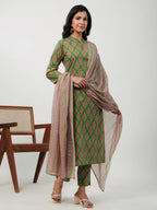 Janasya Green Cambric Ethnic Motifs Kurta,Bottom & Dupatta | Grocsy