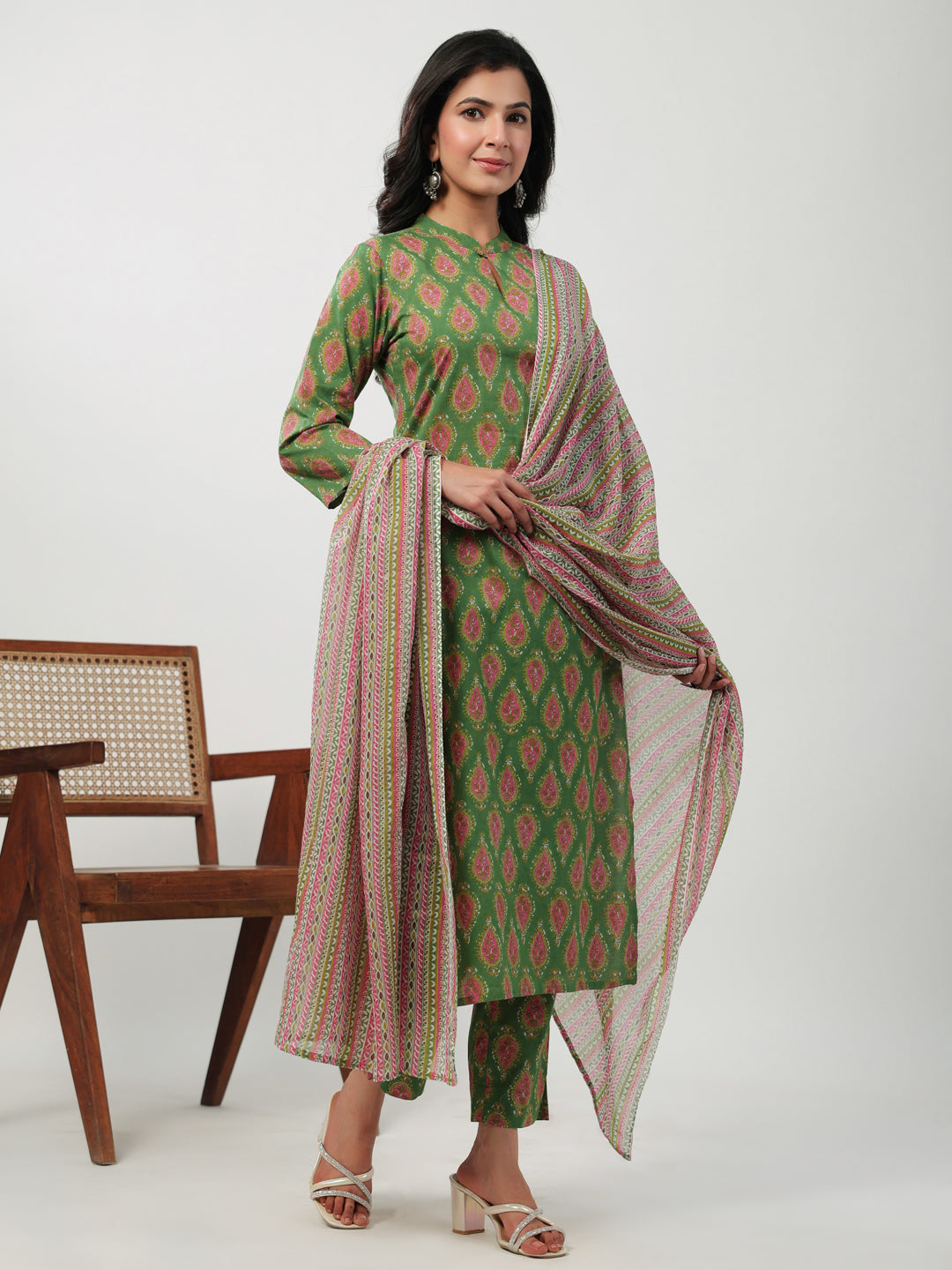 Janasya Green Cambric Ethnic Motifs Kurta,Bottom & Dupatta | Grocsy