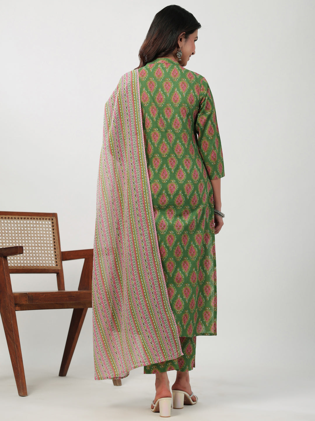 Janasya Straight Cambric Green Ethnic Motifs Band Collar Kurta,Bottom & Dupatta | Grocsy