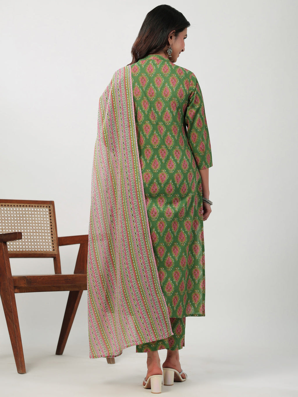 Janasya Green Cambric Ethnic Motifs Kurta,Bottom & Dupatta | Grocsy