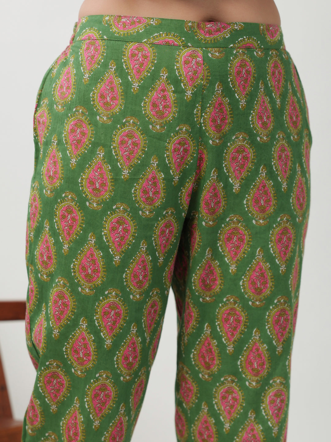 Janasya Straight Cambric Green Ethnic Motifs Band Collar Kurta,Bottom & Dupatta | Grocsy