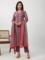 Janasya Straight Cambric Red Ethnic Motifs V-Neck Set | Grocsy