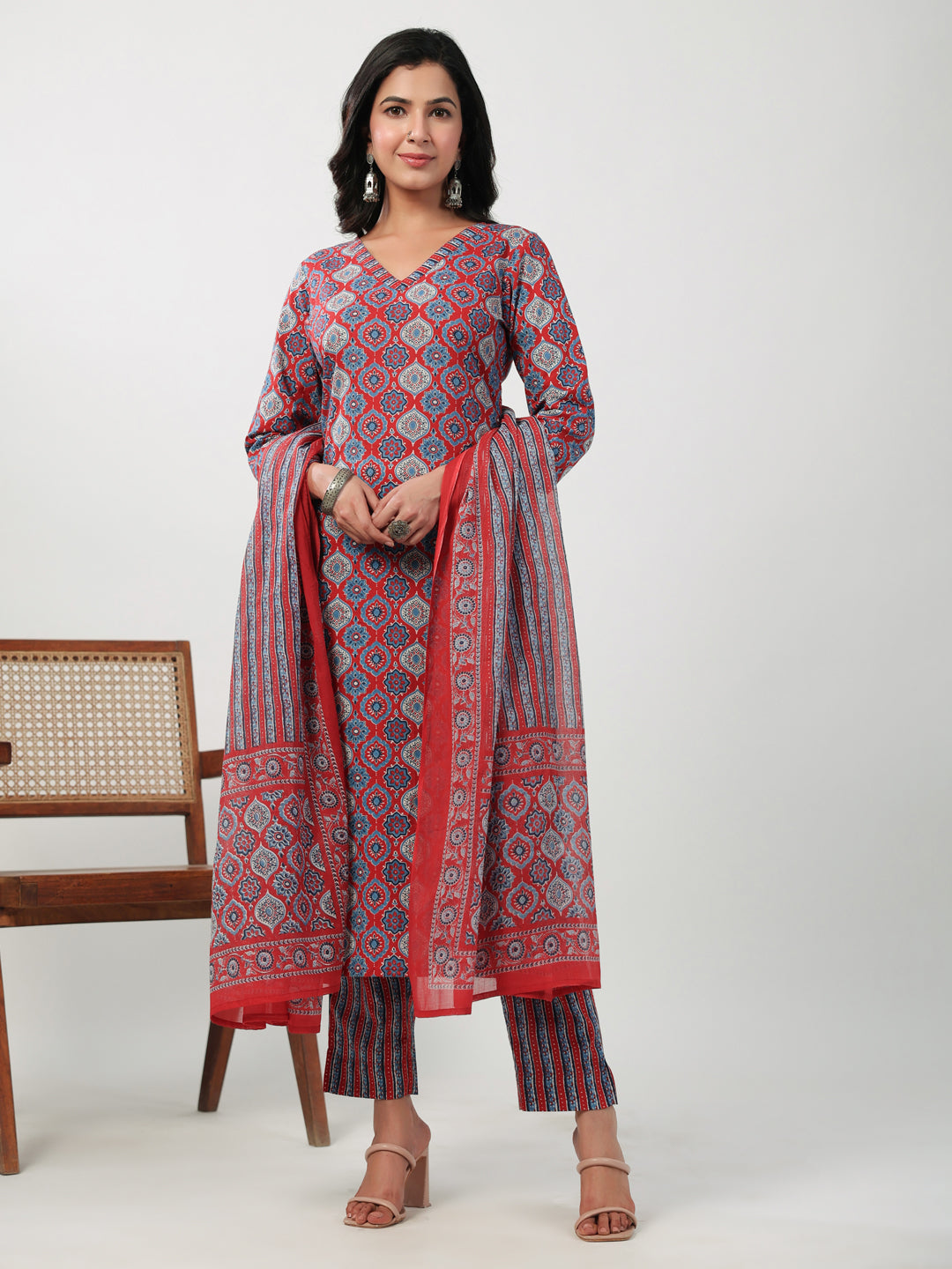 Janasya Straight Cambric Red Ethnic Motifs V-Neck Set | Grocsy