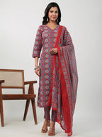 Janasya Straight Cambric Red Ethnic Motifs V-Neck Set | Grocsy