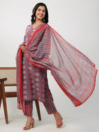 Janasya Straight Cambric Red Ethnic Motifs V-Neck Set | Grocsy