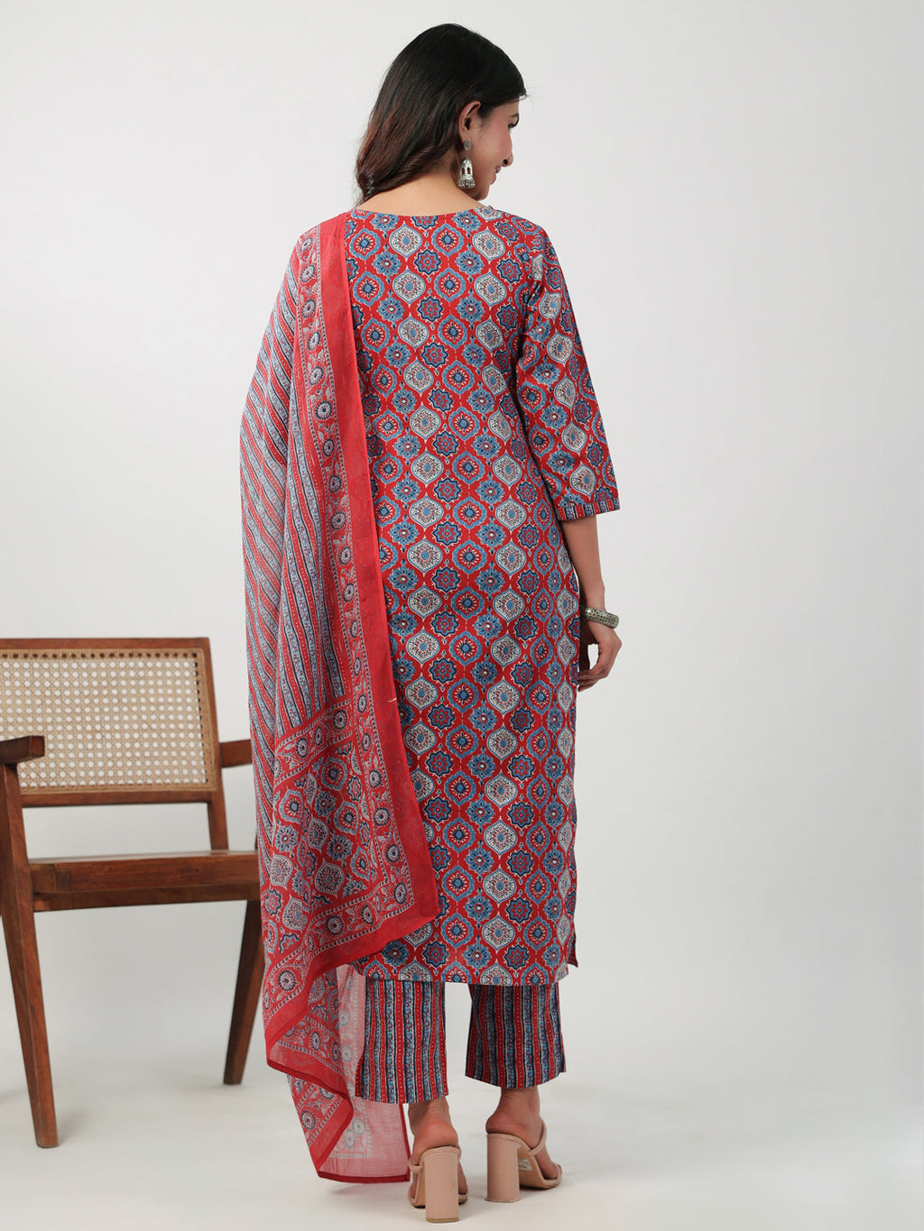 Janasya Straight Cambric Red Ethnic Motifs V-Neck Set | Grocsy