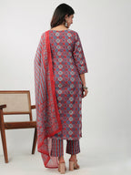 Janasya Straight Cambric Red Ethnic Motifs V-Neck Set | Grocsy
