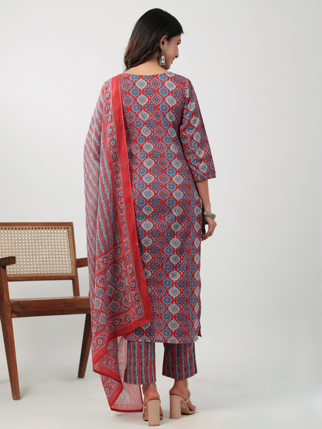 Janasya Straight Cambric Red Ethnic Motifs V-Neck Set | Grocsy