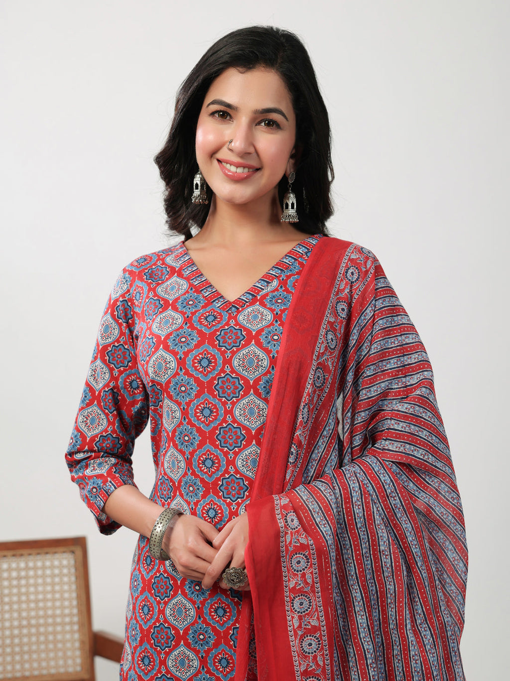 Janasya Straight Cambric Red Ethnic Motifs V-Neck Set | Grocsy