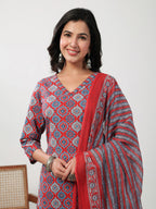 Janasya Straight Cambric Red Ethnic Motifs V-Neck Set | Grocsy