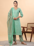Janasya Regular Cambric Green Ethnic Motifs V-Neck Set | Grocsy