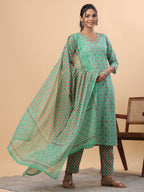Janasya Regular Cambric Green Ethnic Motifs V-Neck Set | Grocsy