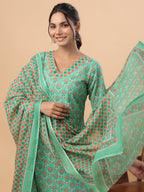 Janasya Regular Cambric Green Ethnic Motifs V-Neck Set | Grocsy