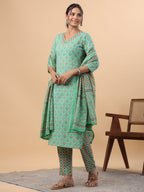 Janasya Regular Cambric Green Ethnic Motifs V-Neck Set | Grocsy