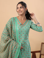 Janasya Regular Cambric Green Ethnic Motifs V-Neck Set | Grocsy