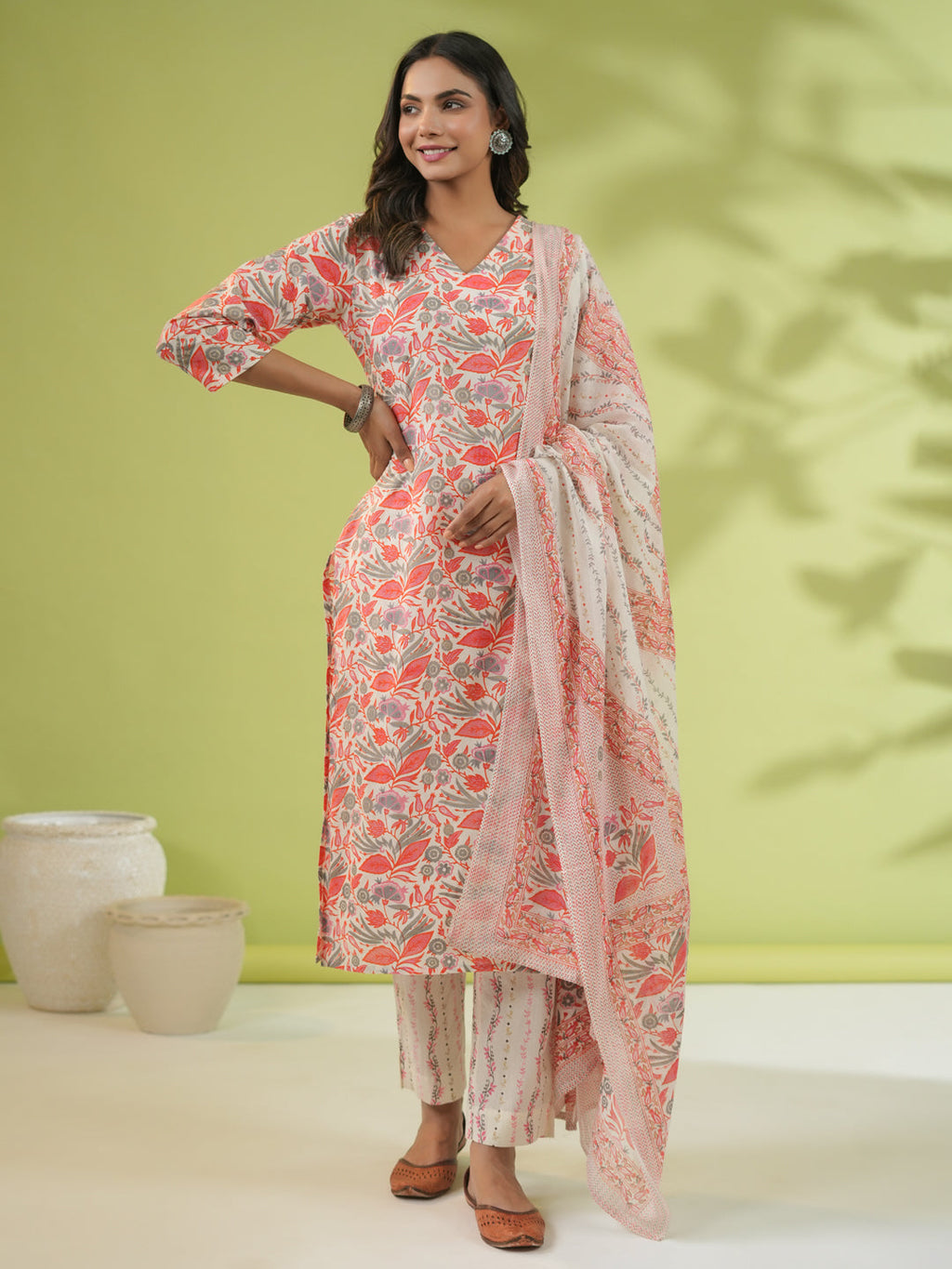 Janasya Straight Cambric Off White Floral V-Neck Set | Grocsy