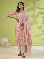 Janasya Straight Cambric Off White Floral V-Neck Set | Grocsy