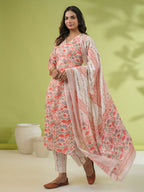 Janasya Straight Cambric Off White Floral V-Neck Set | Grocsy