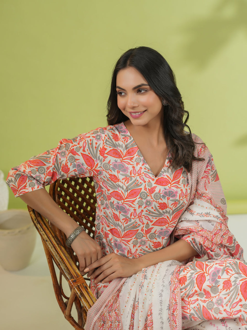 Janasya Straight Cambric Off White Floral V-Neck Set | Grocsy