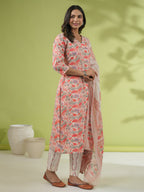 Janasya Straight Cambric Off White Floral V-Neck Set | Grocsy