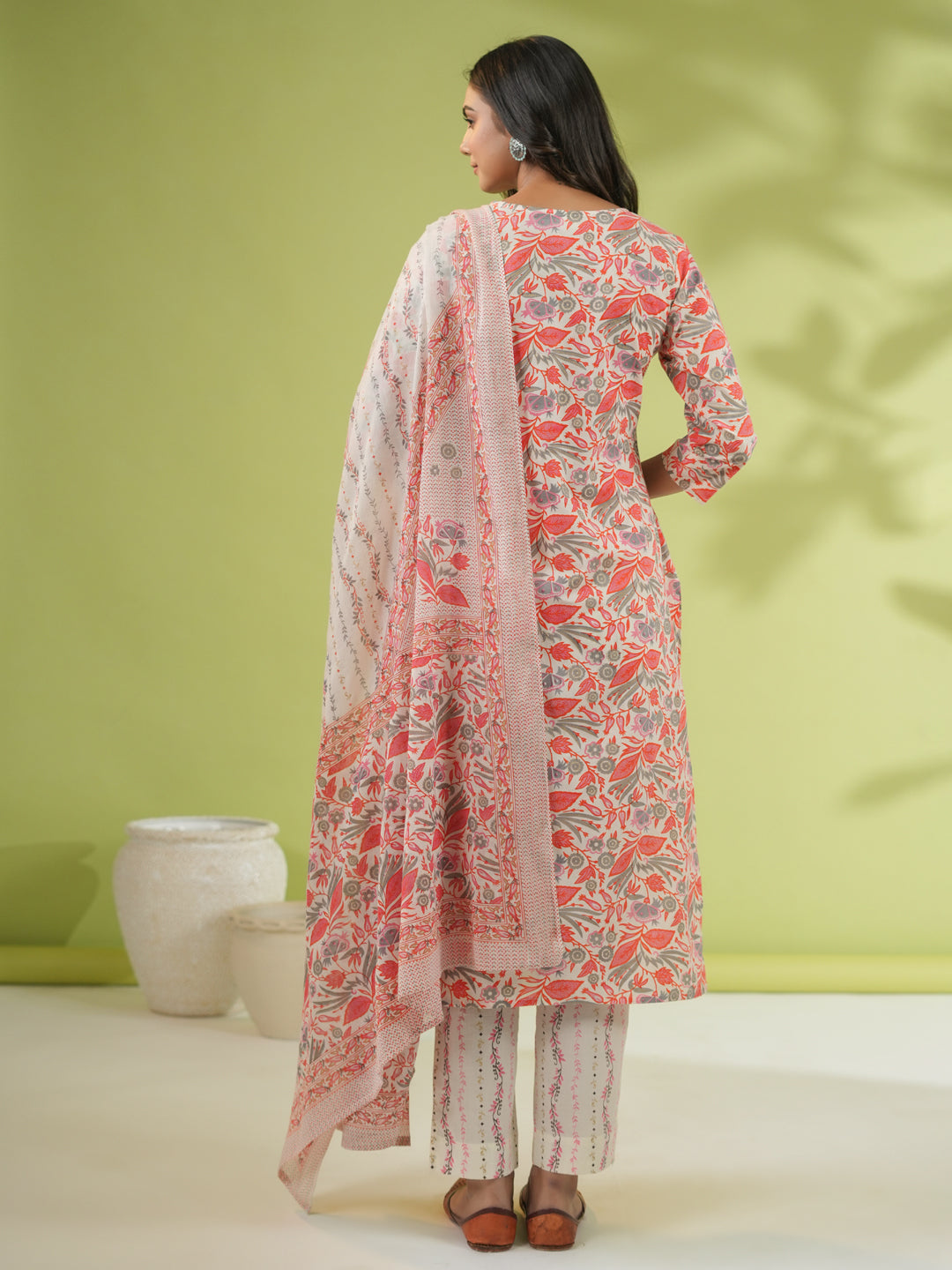 Janasya Straight Cambric Off White Floral V-Neck Set | Grocsy
