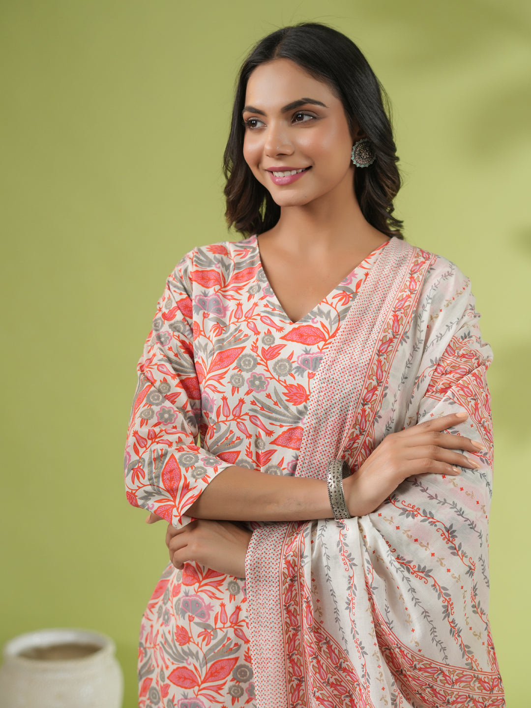 Janasya Straight Cambric Off White Floral V-Neck Set | Grocsy