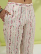 Janasya Straight Cambric Off White Floral V-Neck Set | Grocsy