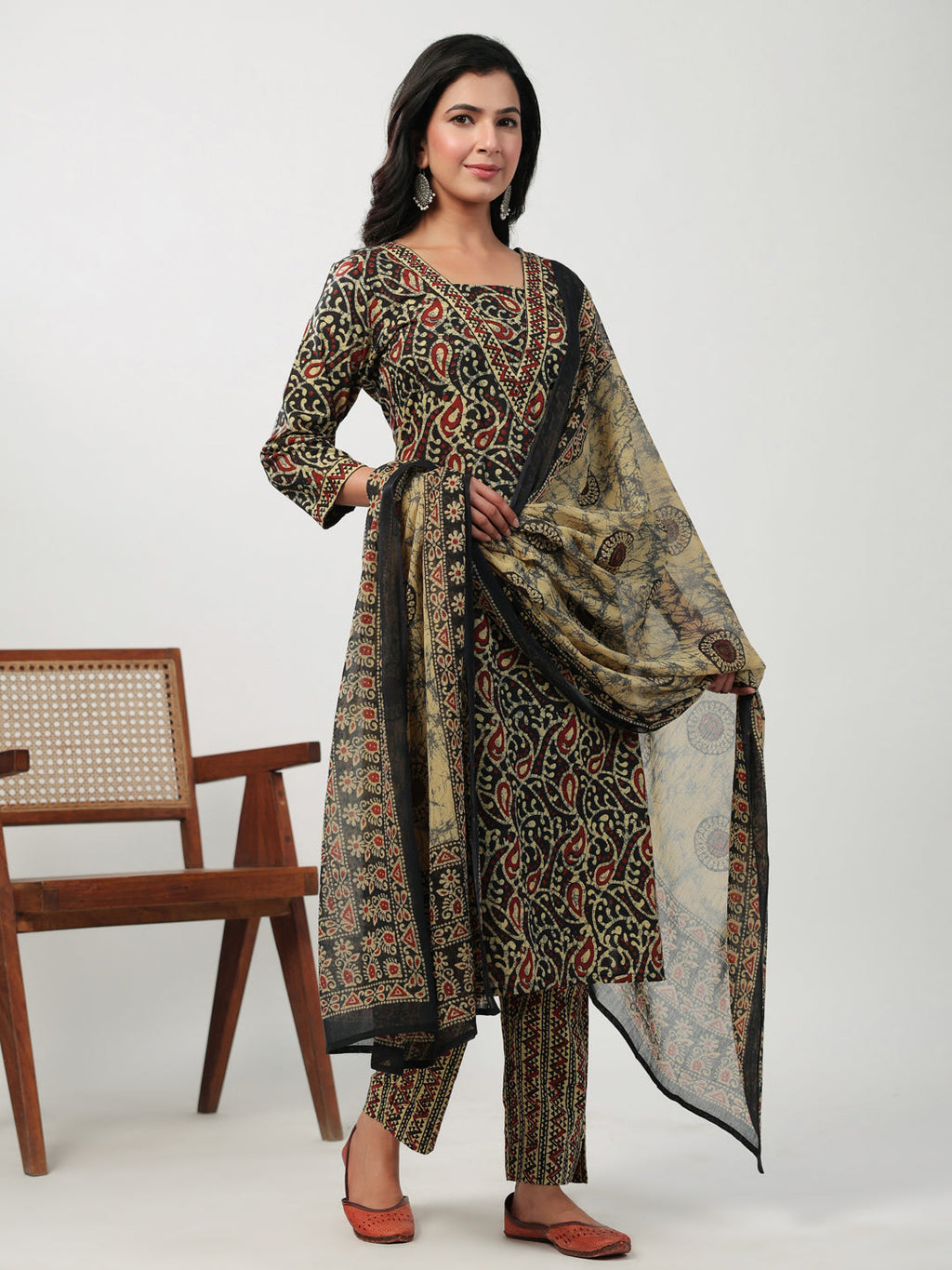 Janasya Straight Cambric Black Batik V-Neck Set | Grocsy