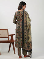 Janasya Straight Cambric Black Batik V-Neck Set | Grocsy