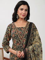 Janasya Straight Cambric Black Batik V-Neck Set | Grocsy