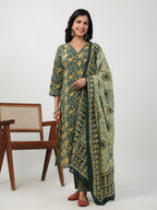 Janasya Straight Cambric Green Ethnic Motifs V-Neck Set | Grocsy
