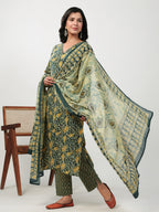 Janasya Straight Cambric Green Ethnic Motifs V-Neck Set | Grocsy