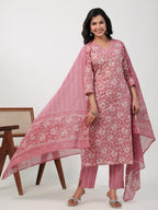 Janasya Straight Cambric Pink Floral V-Neck Set | Grocsy