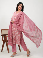 Janasya Straight Cambric Pink Floral V-Neck Set | Grocsy