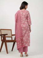 Janasya Straight Cambric Pink Floral V-Neck Set | Grocsy