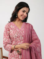 Janasya Straight Cambric Pink Floral V-Neck Set | Grocsy