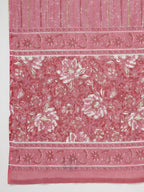 Janasya Straight Cambric Pink Floral V-Neck Set | Grocsy