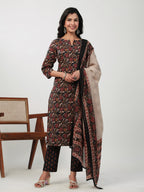 Janasya Straight Cambric Black Floral Notch Neck Kurta,Bottom & Dupatta | Grocsy