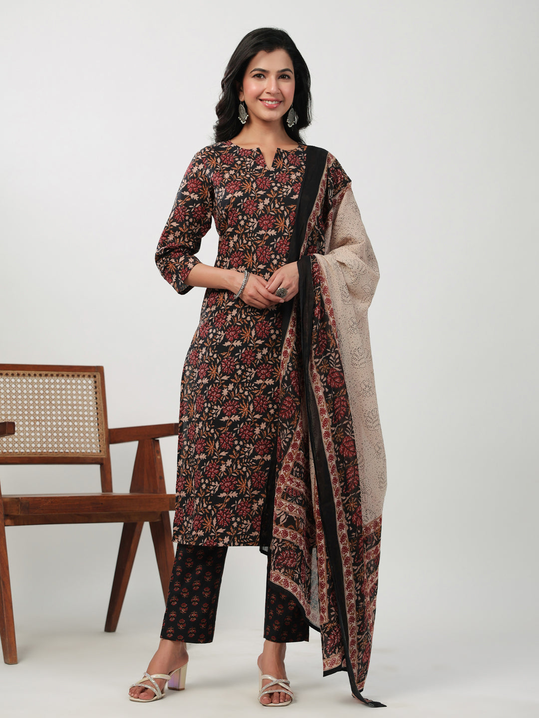 Janasya Straight Cambric Black Floral Notch Neck Kurta,Bottom & Dupatta | Grocsy