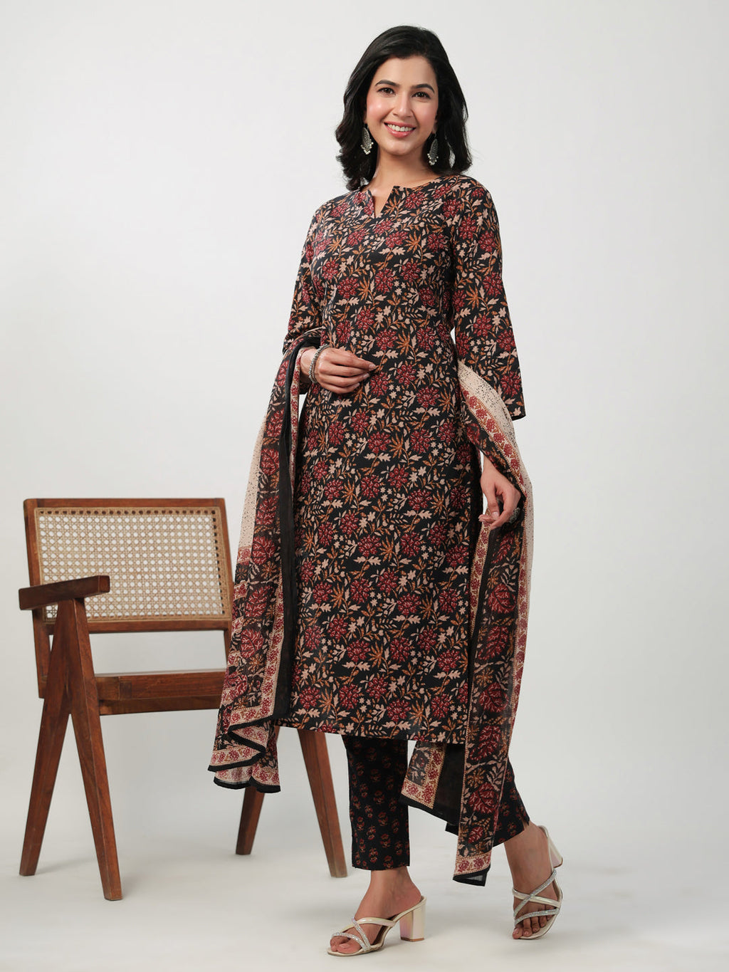 Janasya Straight Cambric Black Floral Notch Neck Kurta,Bottom & Dupatta | Grocsy
