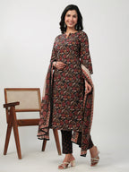 Janasya Straight Cambric Black Floral Notch Neck Kurta,Bottom & Dupatta | Grocsy