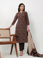 Janasya Straight Cambric Black Floral Notch Neck Kurta,Bottom & Dupatta | Grocsy
