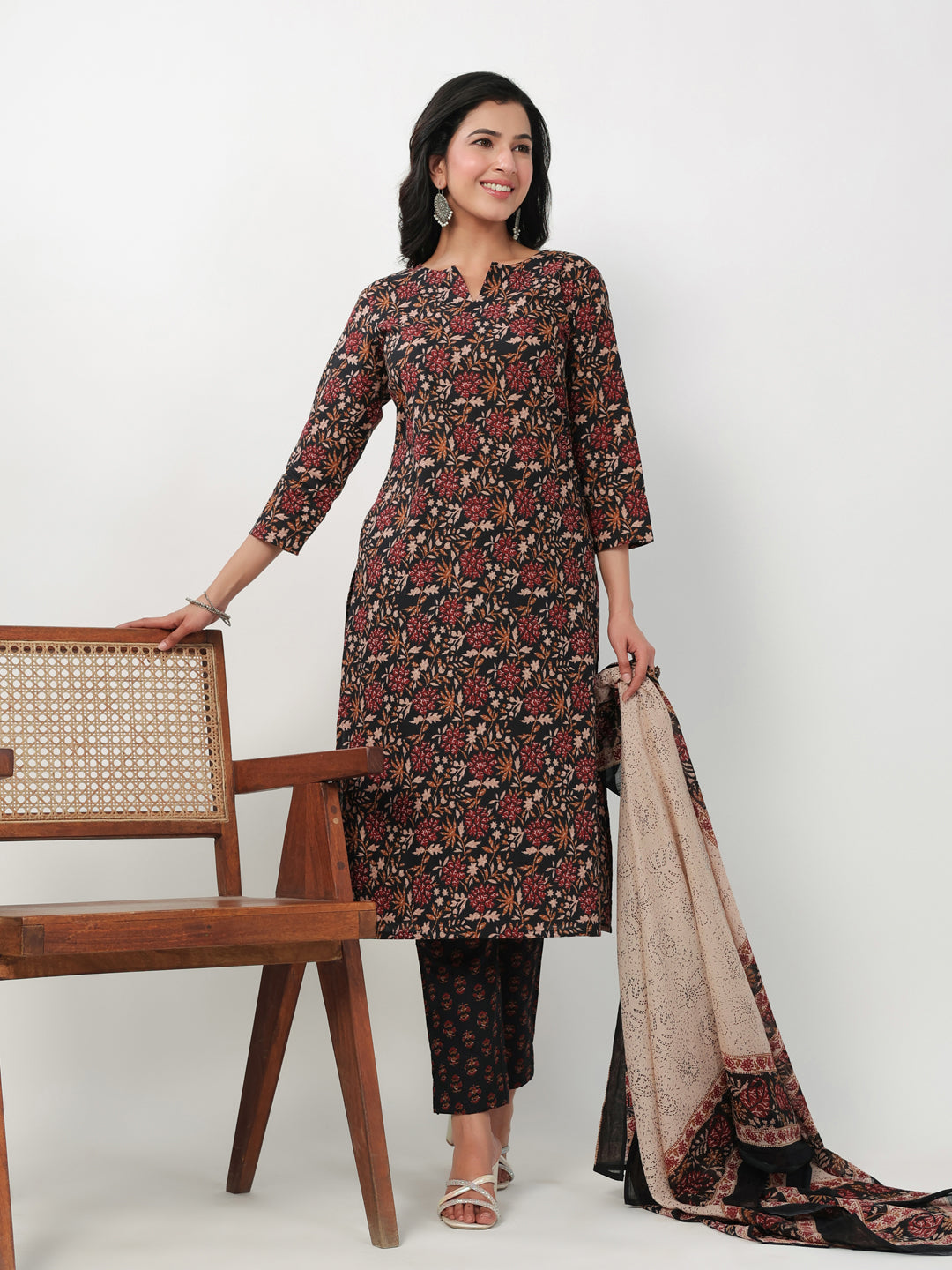 Janasya Straight Cambric Black Floral Notch Neck Kurta,Bottom & Dupatta | Grocsy