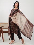 Janasya Straight Cambric Black Floral Notch Neck Kurta,Bottom & Dupatta | Grocsy