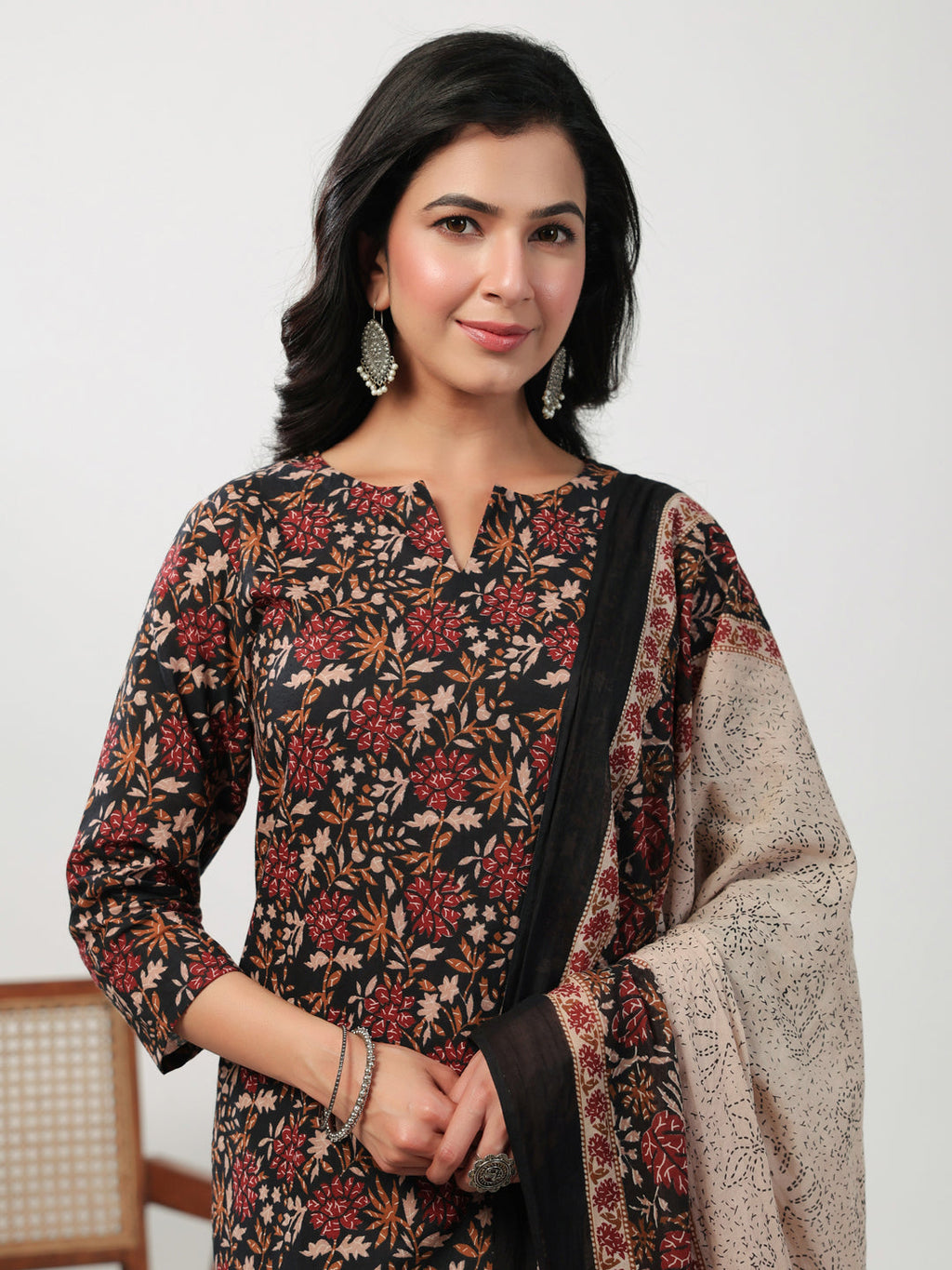 Janasya Straight Cambric Black Floral Notch Neck Kurta,Bottom & Dupatta | Grocsy