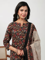 Janasya Straight Cambric Black Floral Notch Neck Kurta,Bottom & Dupatta | Grocsy