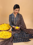 Janasya Straight Cambric Dark Blue Ethnic Motifs Band Collar Kurta,Bottom & Dupatta | Grocsy