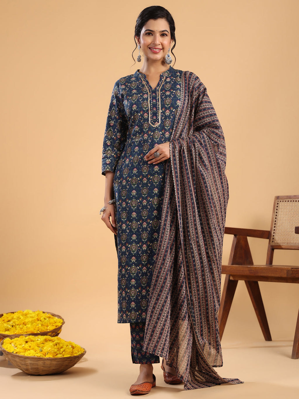 Janasya Straight Cambric Dark Blue Ethnic Motifs Band Collar Kurta,Bottom & Dupatta | Grocsy